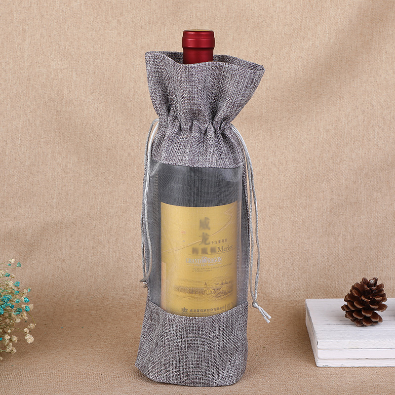 Jute Bag Packaging - 1個模造ジュートワインボトルバッグカバー透明な窓巾着ギフトバッグワインギフト包装袋の結婚式のパーティーの装飾用品
