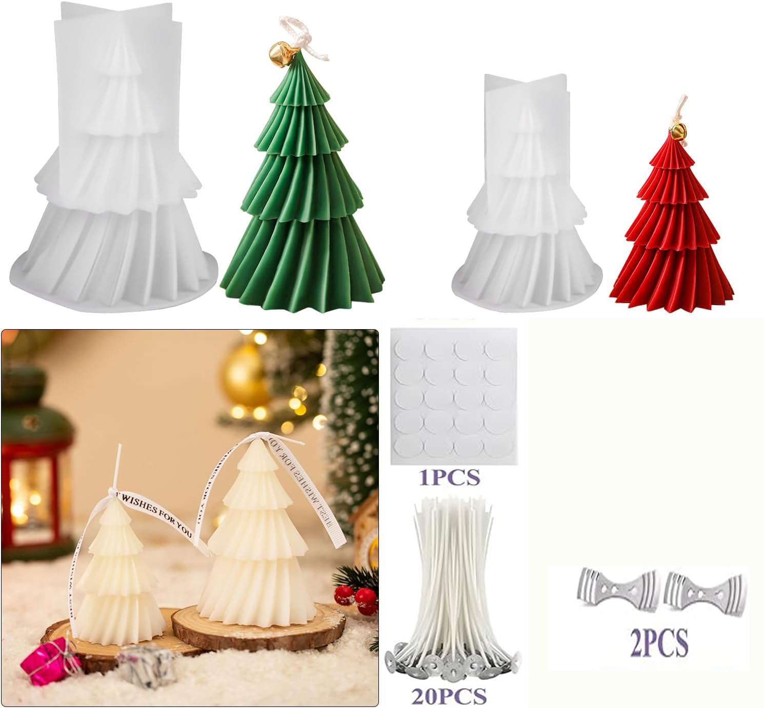 Candle Making Kit Xmas - クリスマスツリーシリコンキャンドルモールドキットDIYエポキシ樹脂キャンドル作成セット（キャンドル芯20個、クリスマスホームデコレーション用ステッカー付き）