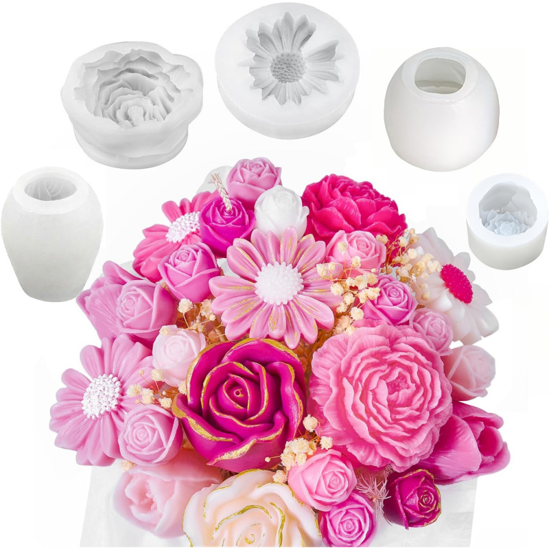 Candle Making Kit - 5フラワーキャンドルモールドセット、3D花柄シリコンキャンドルモールド、キャンドル作りに使用、デイジー、ピオニー、ローズ、チューリップフラワーモールド