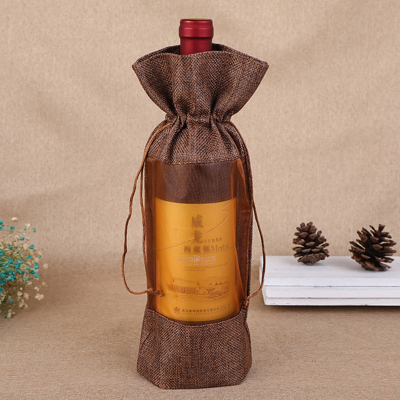 1個模造ジュートワインボトルバッグカバー透明な窓巾着ギフトバ - Jute Bag Packaging のレビューと価格