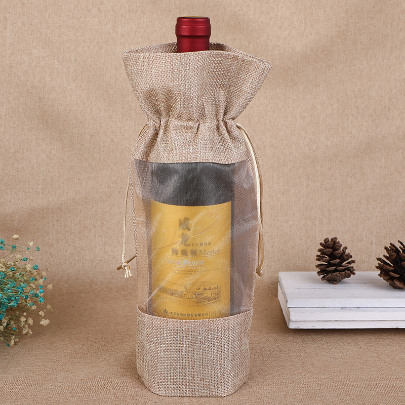 1個模造ジュートワインボトルバッグカバー透明な窓巾着ギフトバ - Jute Bag Packaging のレビューと価格
